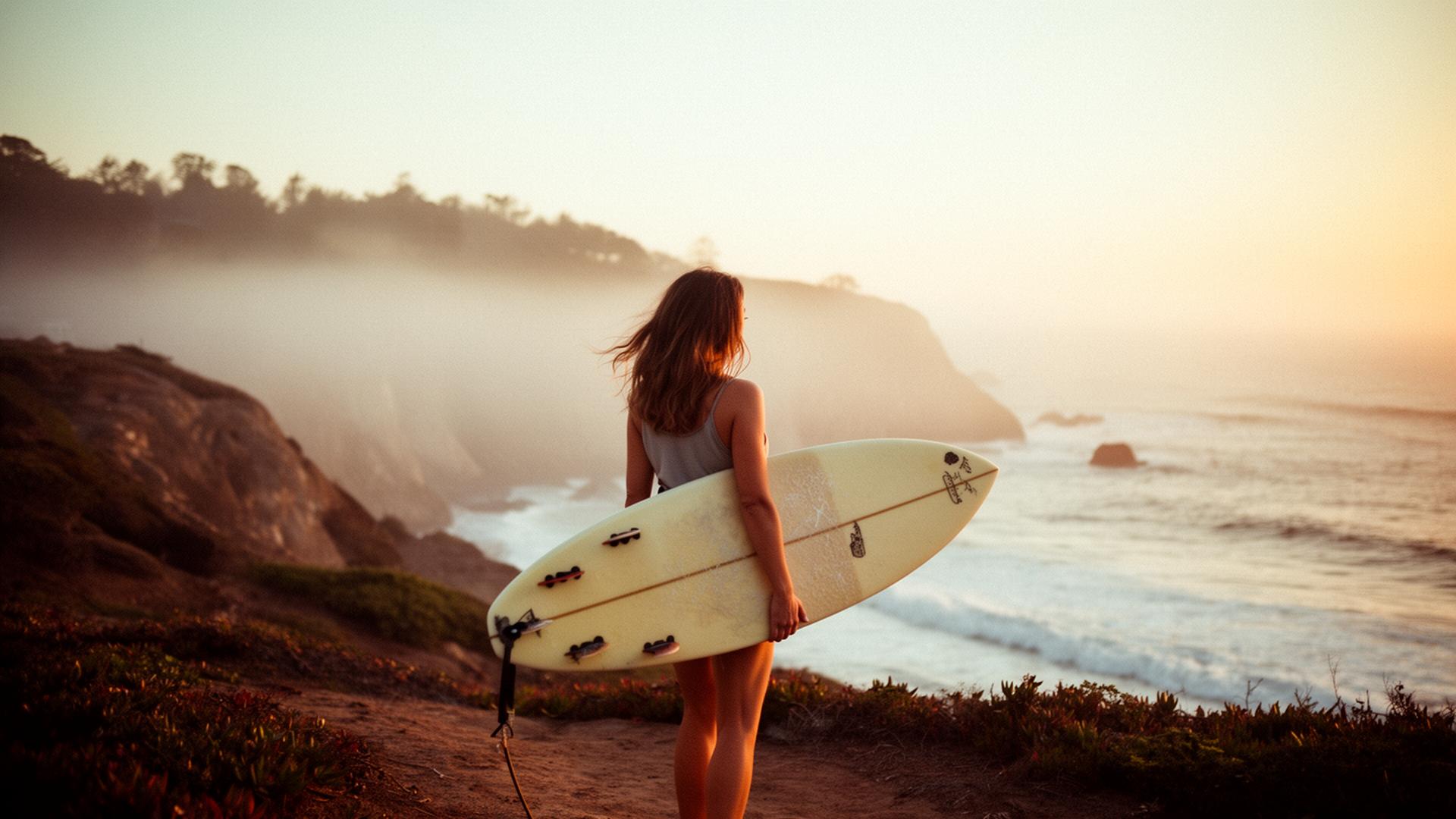 Surfer at the Pacific coast at sunrise