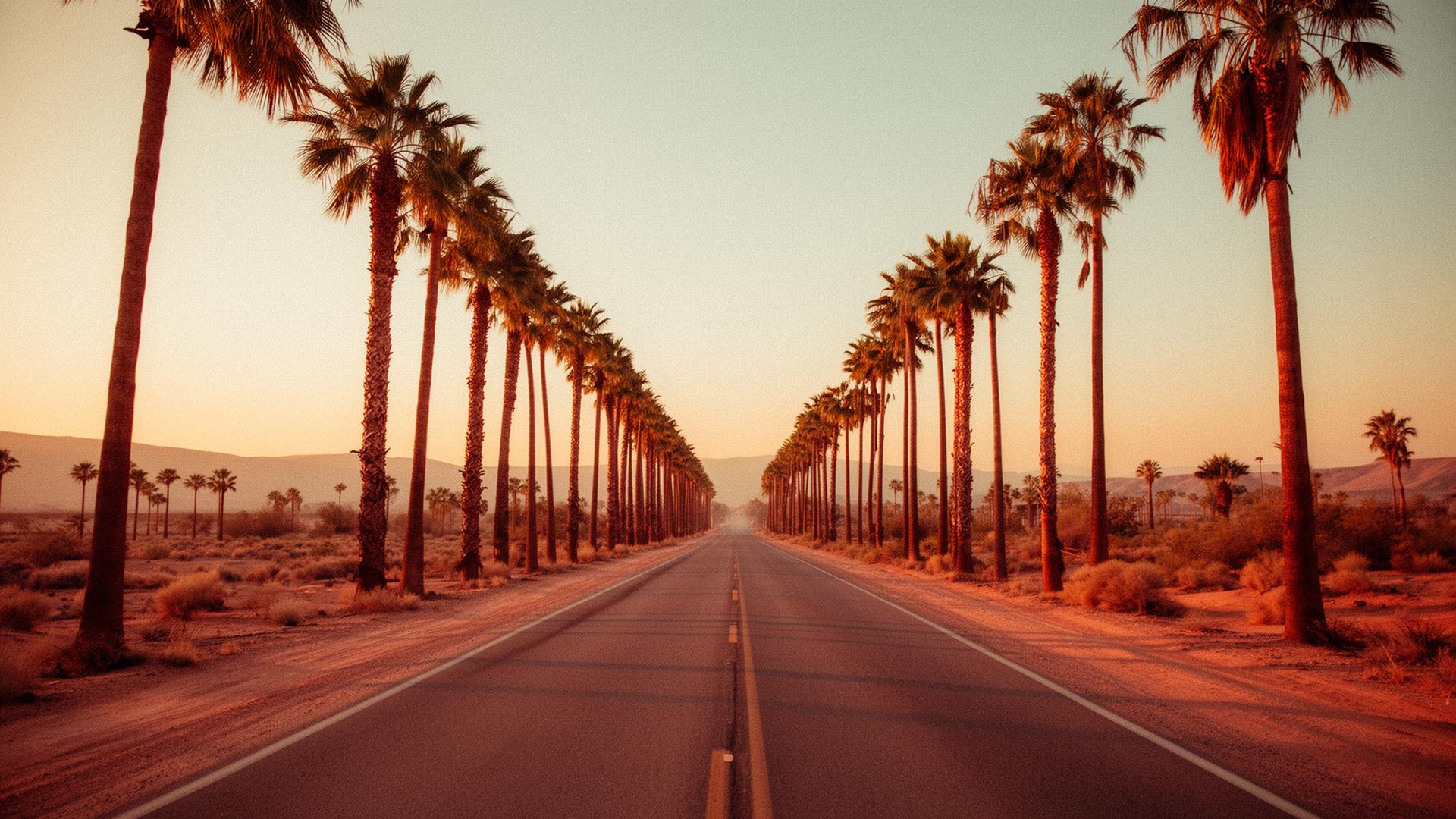 Empty palm-lined desert road at golden hour
